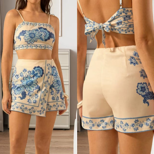 Printed Tied Spaghetti-strap Shorts Two-piece Set