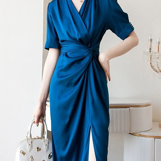 V-neck Luxury Split Blue Midi Dress