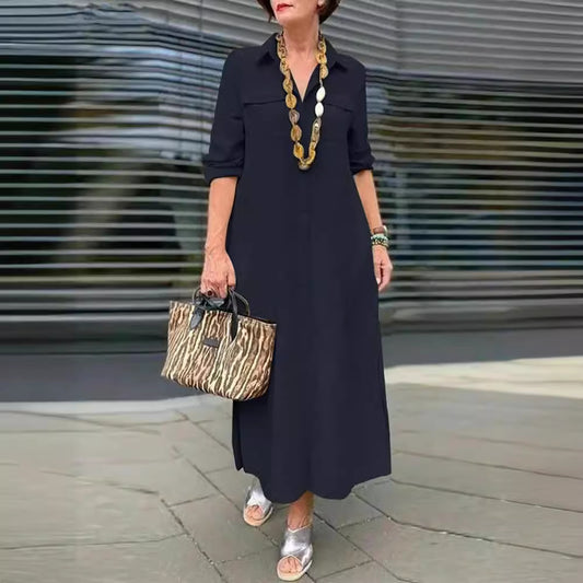 Elegant Solid Color Long Sleeve Button Lapel Dress