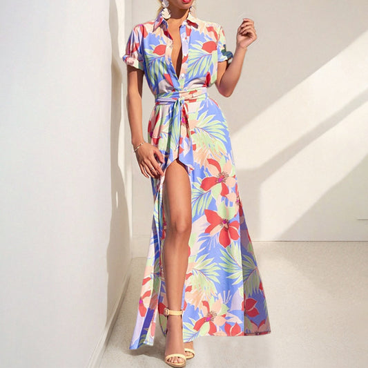 European American Fashion Floral Print Lapel Split Dress Women