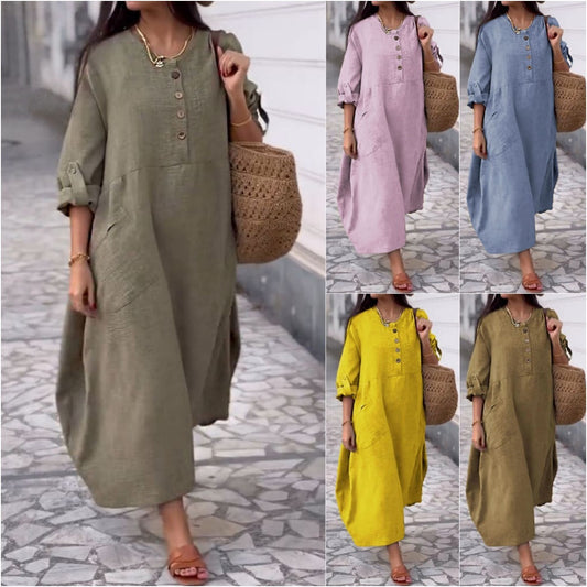 Women's Solid Color Round Neck Cotton And Linen Long Sleeve Casual Double Side Pocket Button Length Dress